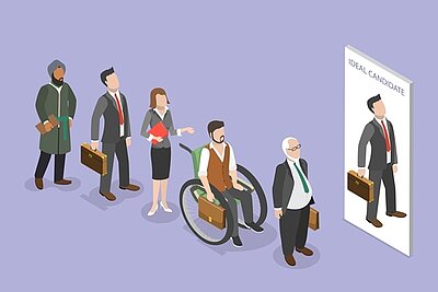 Eine Illustration zeigt eine Reihe von Personen, die sich für einen Job bewerben. Die Schlange umfasst eine vielfältige Gruppe: eine Person in einem Rollstuhl, eine Frau, einen älteren Mann, einen Mann in einem Business-Anzug und eine Person mit einem Turban. Am Ende der Schlange steht ein großes Plakat, auf dem ein idealisierter Bewerber mit einem Anzug und einer Aktentasche abgebildet ist, was auf unbewusste Vorurteile im Einstellungsprozess hinweist.